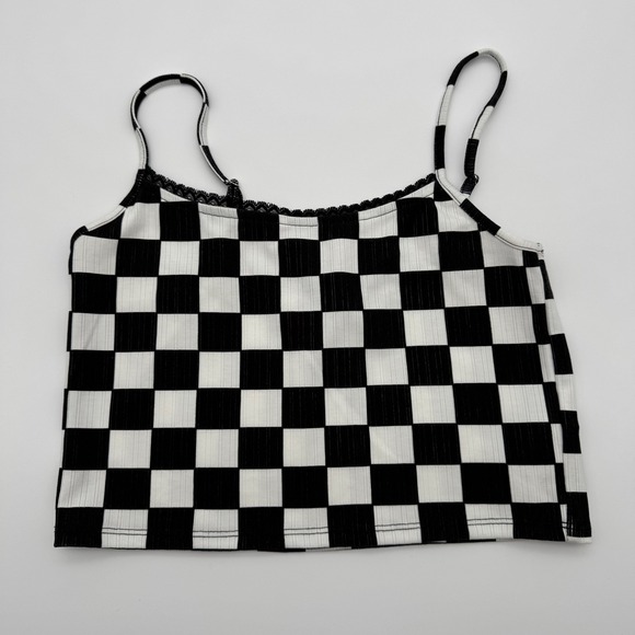 Forever 21 Tops - Forever 21 Women Black White Checkerboard Ribbed Lace Trim Cami Crop Top Large